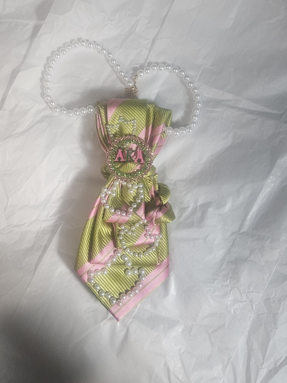 Pink & Green Embellished Neck Scarf with Pearl Necklace